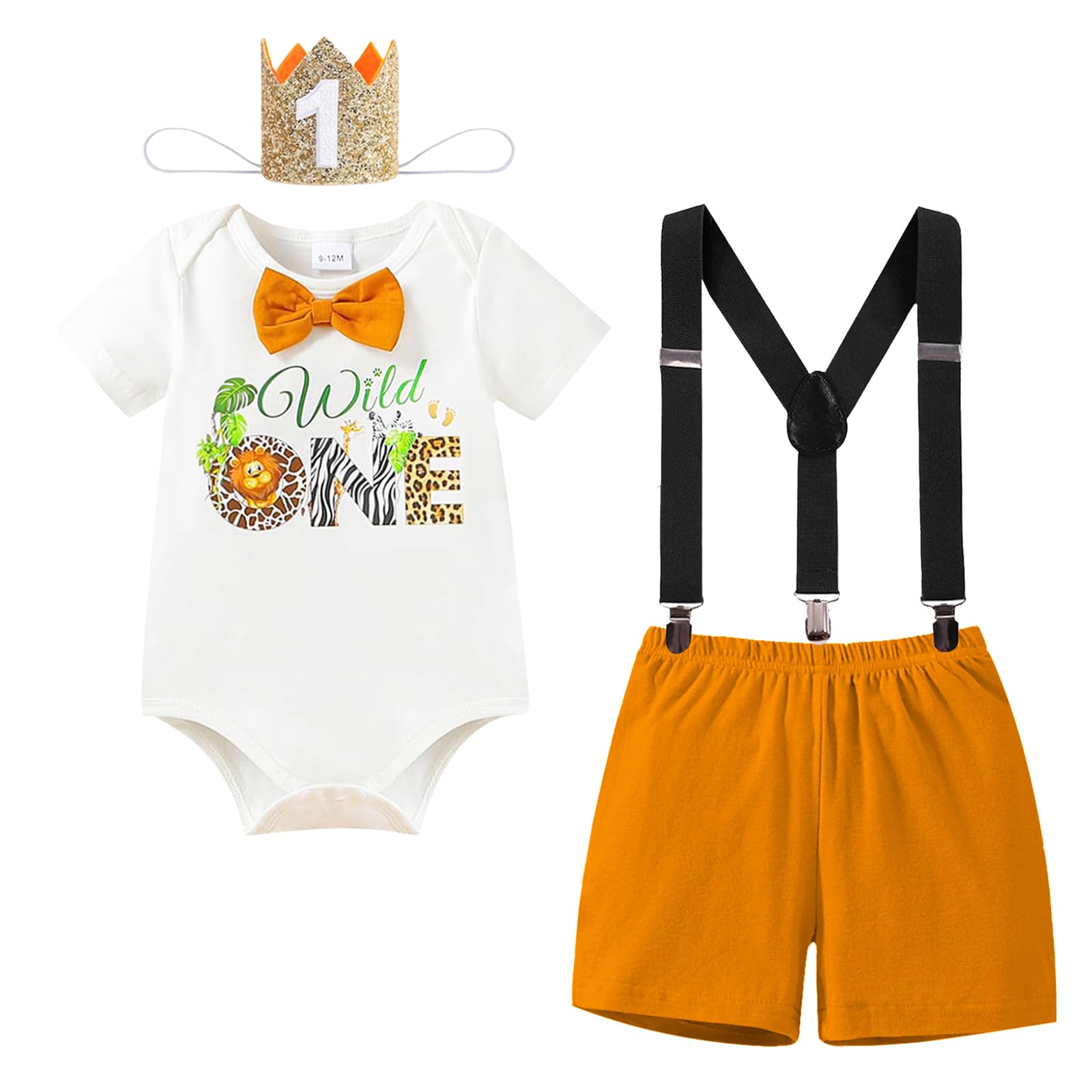 WOLBAY First Birthday Outfit Boy One Birthday Decorations Birthday Crown Hat Baby Bow Tie Romper Onesie Bib Overall
