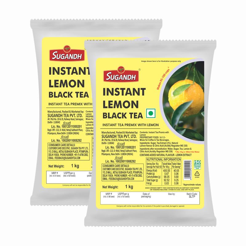 Image of Sugandh Instant Lemon Black Tea | 2kg Value Pack (2 x 1kg) | Tangy & Refreshing Chai Premix Powder | Just Add Hot Water