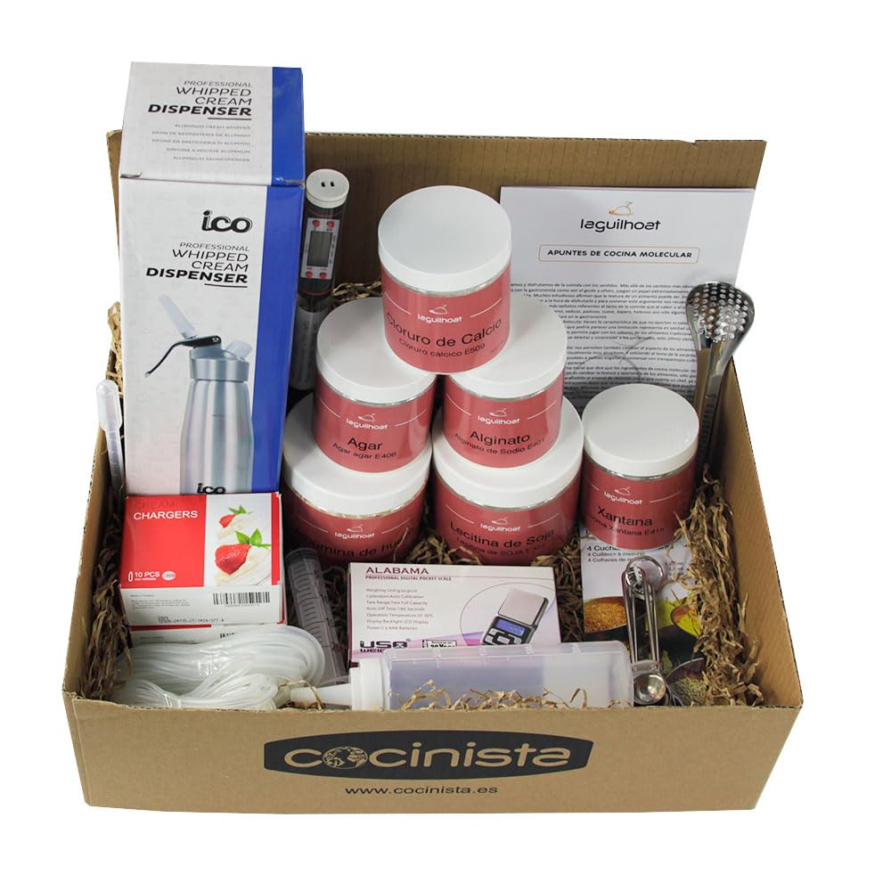 Kit Cocina Molecular Premium con Sifón 0,5 L, Texturas y Utensilios para Espumas, Aires, Esferificación y Gelificación en Casa
