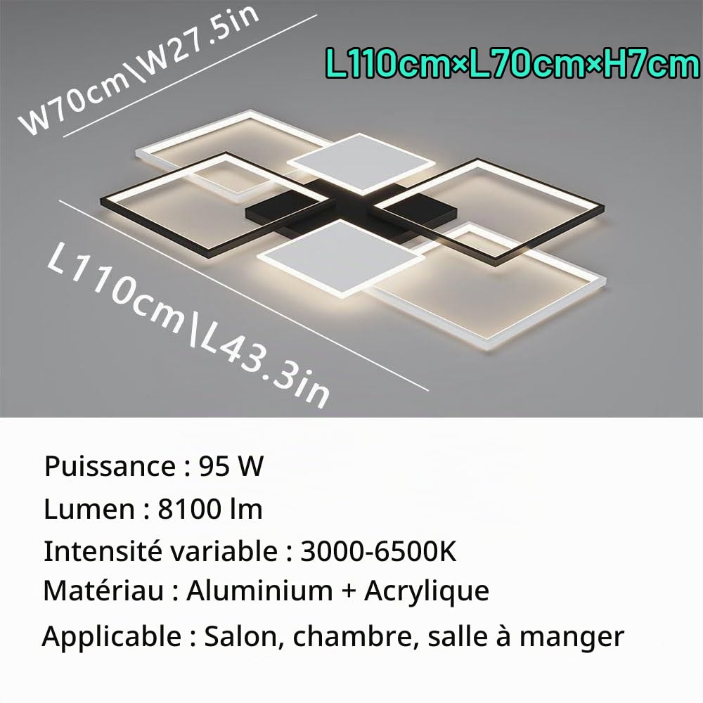 LIUYU Plafonnier LED Salon Dimmable Rectangulaire 110x70cm, 95W, 8100lm, Lustre LED Moderne avec Télécommande, Bicolore Noir/Blanc, pour Salle à Manger, Cuisine, Chambre, Bureau