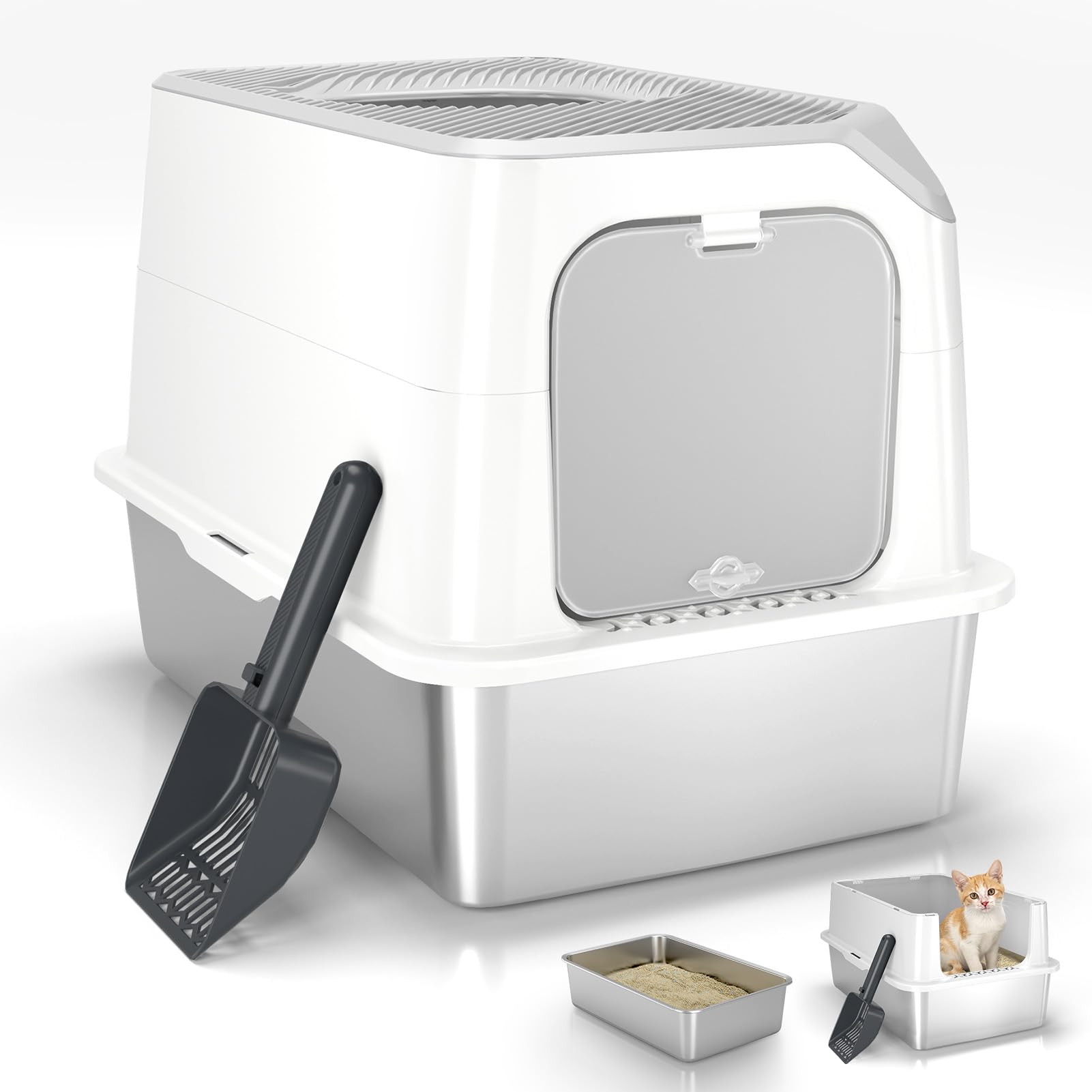 Enclosed Stainless Steel Litter Box, Large Metal Litter Box with Lid, Front & Top Entry, Odor Control & Dog Proof, Scratch-Resistant, Easy Clean (White)