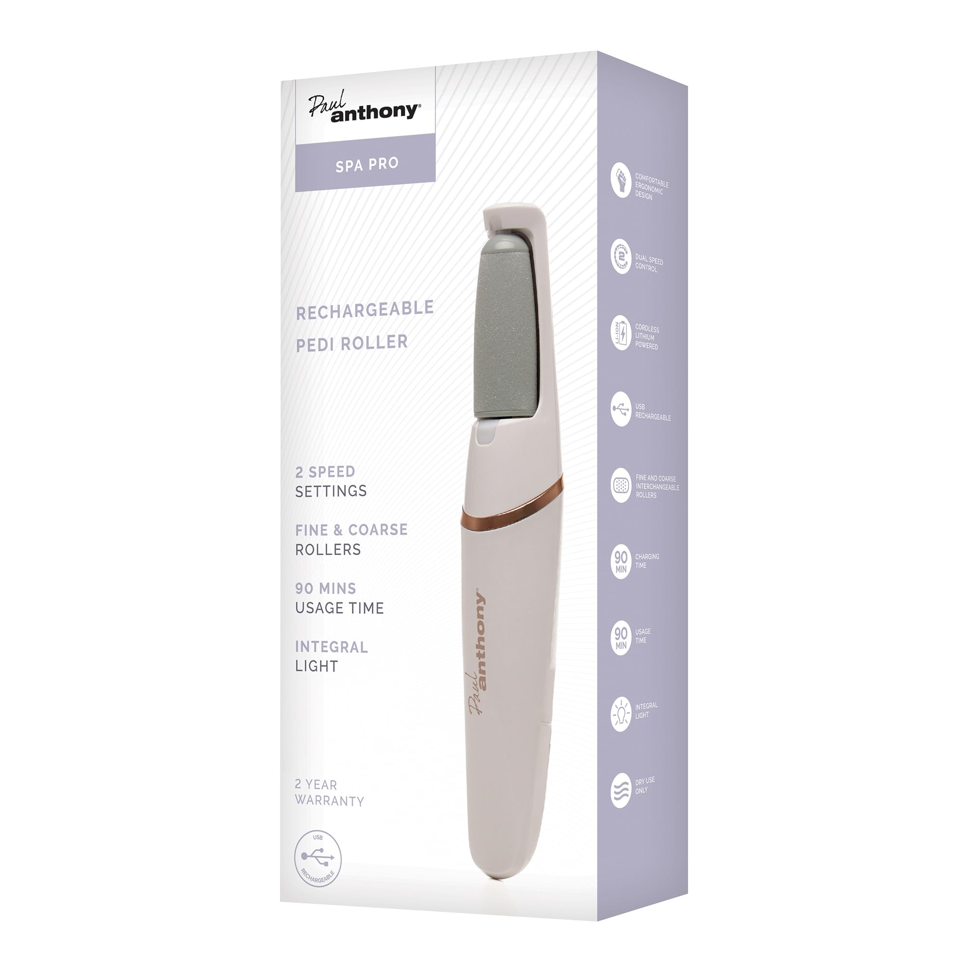 Paul Anthony 'SPA Pro' Lithium Rechargeable Pedi Roller Foot Care Pedicure 2 Speed, Coarse and Fine Heads, LED Light - H3402