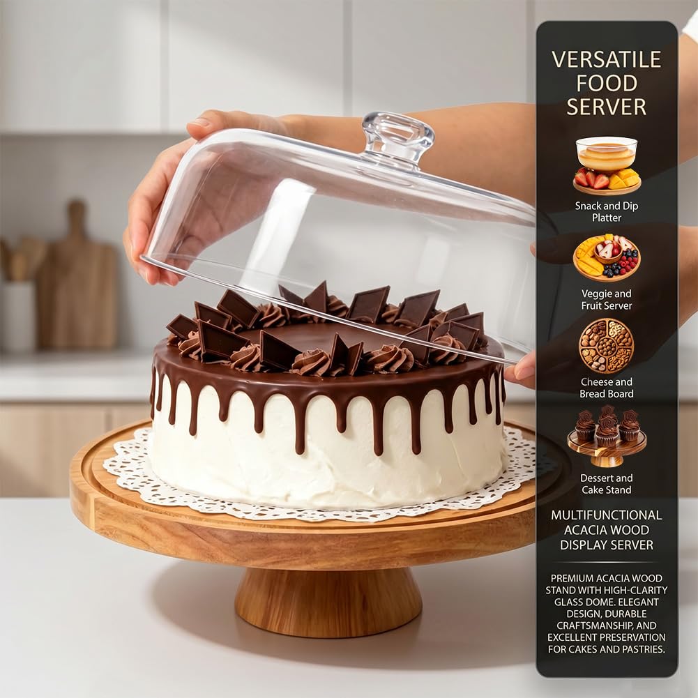 FARYODI Soporte para tartas con tapa, soporte para tartas con pie, plato multifuncional para tartas de madera, expositor de postres para bodas, fiestas, regalos de repostería, platos de frutas de