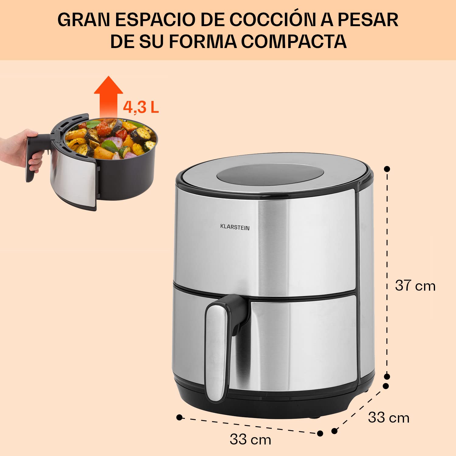 Klarstein Freidora de Aire Caliente, de 1500W de Calentamiento Rápido para Cocinas, Freidora Sin Aceite Digital de 4.3L, Pantalla Táctil, Temporizador, Temperatura Ajustable, Air Fryer 8 Programas