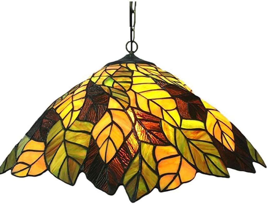METTEOR Tiffany Style Chandelier Yellow Green Leaves Stained Glass Lampshade E27 Handmade Ceiling Pendant Fixture,20 Inch For Bedroom Study Cafe Res