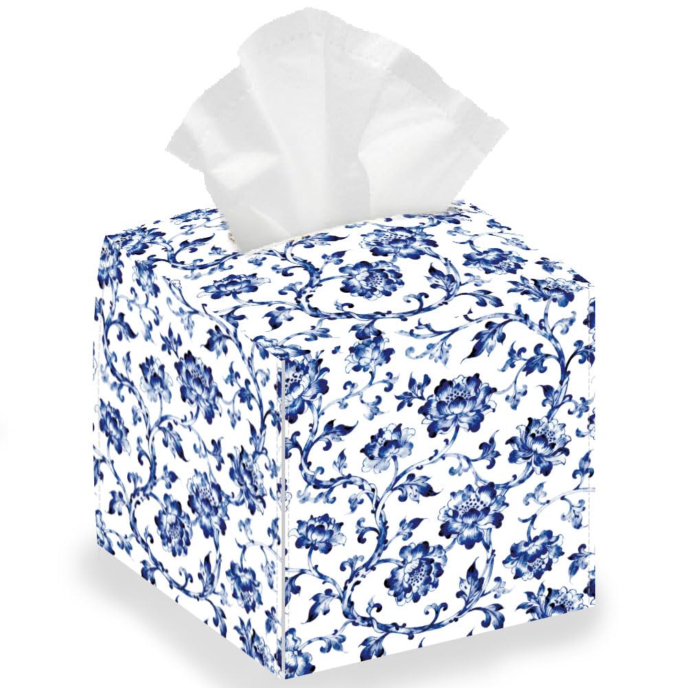 DELORIGIN Blue Artistic Flower Tissue Box Holder Leather Square Foldable Facial Paper Decorative Tissue Box Cover Paper Towel Case Container Organizer for Tabletop Bathroom Home Car Office