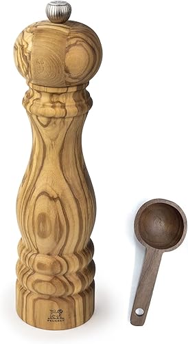 Peugeot Paris Olivier - Juego de regalo de molino de sal de madera de olivo, con cuchara de madera (9 pulgadas, molino de sal con cuchara)