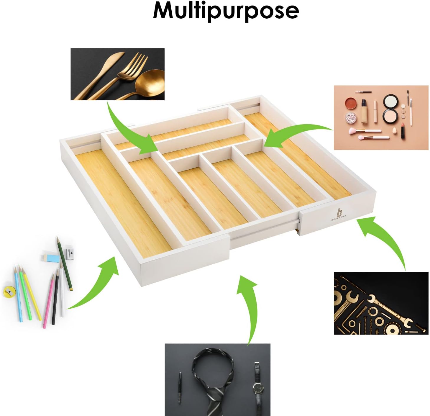 Cozee Bay Bamboo drawer organizer, utensil holder, silverware organizer, and adjustable cutlery tray with drawer dividers, for kitchen, office desk, and bathroom storage (White)