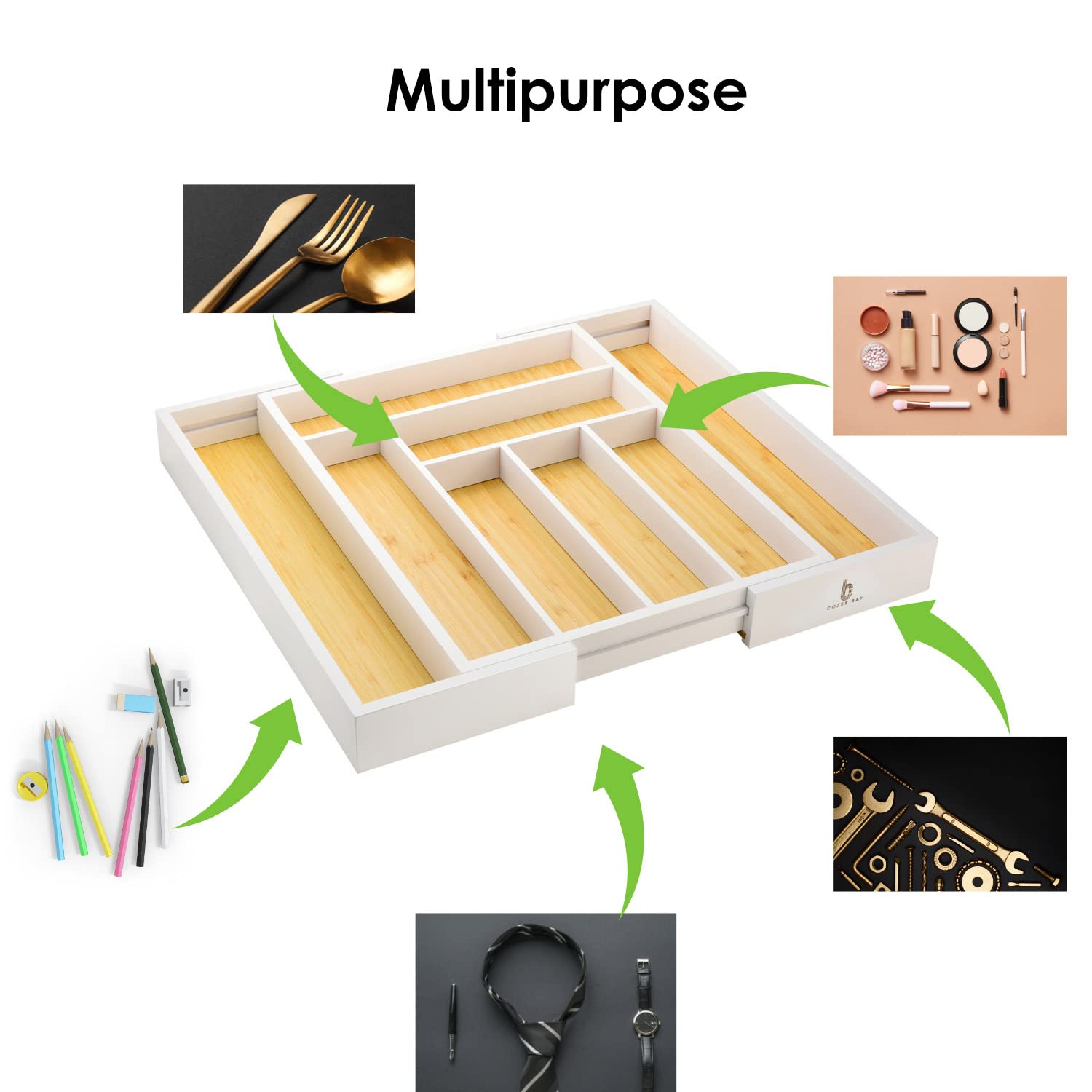 Bamboo drawer organizer, utensil holder, silverware organizer, and adjustable cutlery tray with drawer dividers, for kitchen, office desk, and bathroom storage (White)