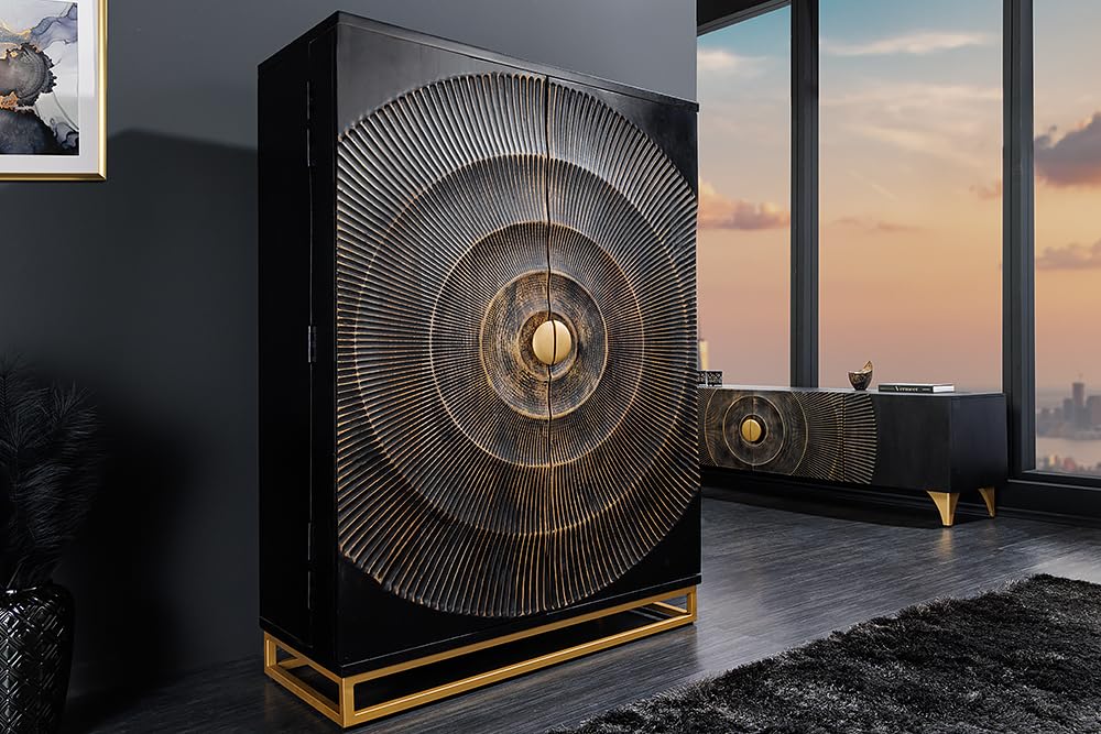 Riess Ambiente Handmade Barschrank GOLDEN Sunset 145cm schwarz Gold Mangoholz Massivholz Metallgestell Hausbar Highboard Flaschenhalter Glashalter inkl. Schubladen Türregale