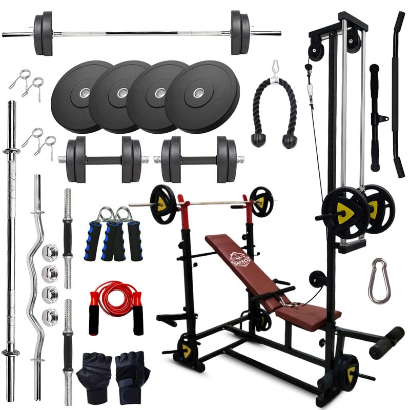 90KG Rubber Plates Combo with 20-in-1 Adjustable Bench with U-Hook, Lat Pulldown, Curl Rod, Straight Bar, Dumbbells, Skipping Rope, Gloves & Gripper – Home Gym Fitness Kit-picture-28