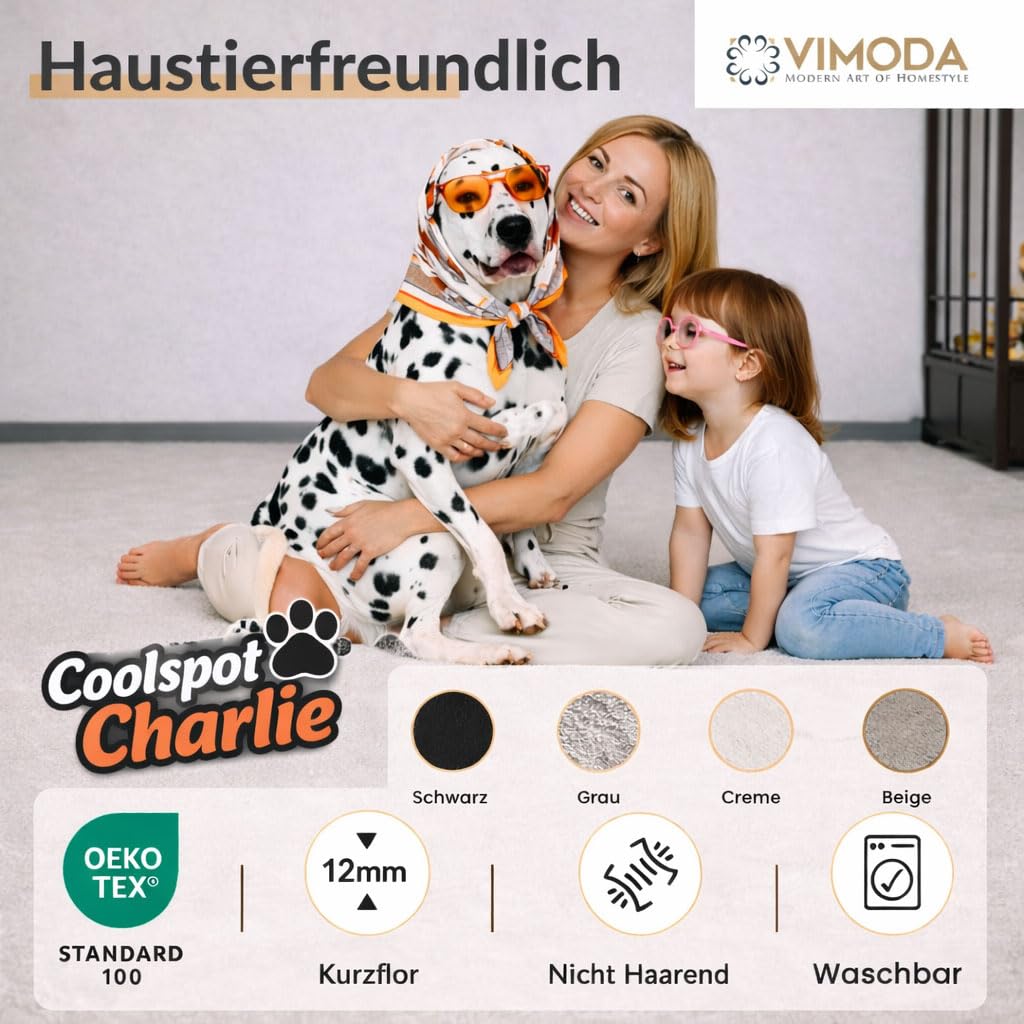 VIMODA Teppich Wohnzimmer Schlafzimmer, Kurzflor, flauschig weich, rutschfest/Anti-Rutsch, waschbar bis 30°C, Felloptik, für Fußbodenheizung geeignet,Farbe:Beige;Maße:200x280 cm