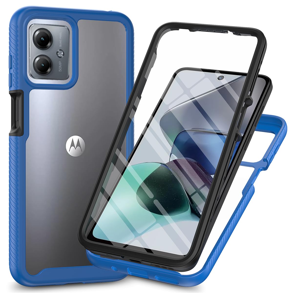 Dfjhure for Motorola Moto G14 Case Built-in Screen Protector Full Body Shockproof Protection Cover tylish Bumper Transparent Back Phone Case Cover- Blue