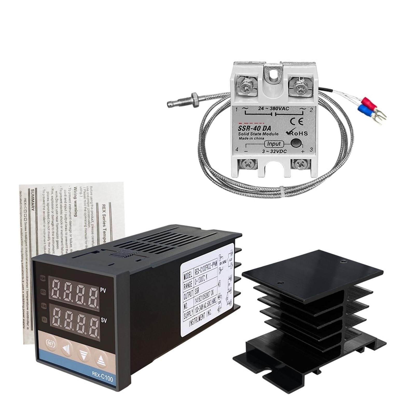 Termostato Intelligente, REX-C100 Termostato regolatore di Temperatura PID Digitale, Uscita SSR Max.40A Relè SSR Sonda termocoppia K(C100 Set)