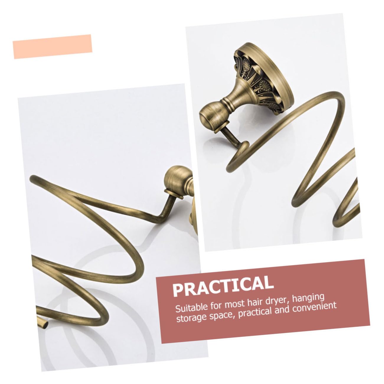 Soporte para Secador de Pelo de Pared, Cobre Dorado, Diseño Espiral, Almacenamiento Colgante, Adecuado para Baño