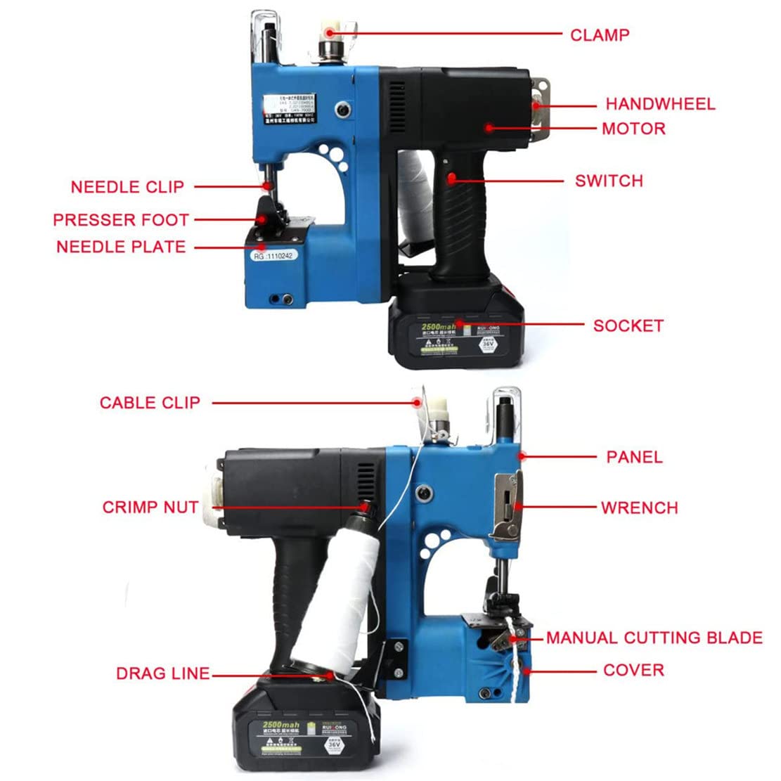 36V Macchina per Cucire più Vicina alla Borsa, Sigillo Di Chiusura Industriale Portatile Cucito a Sacco 2s/bag, Cordless Cucitrice Elettrica Portatile Per Riso/sacco/tessuto/carta,Blue-2Batteries