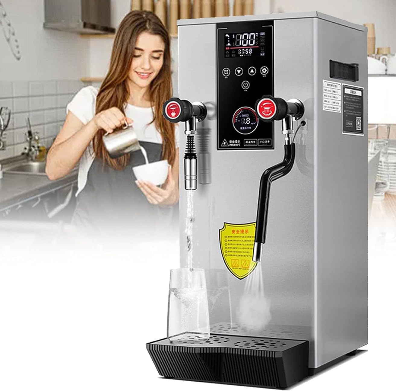 YXZYFPP 2500W Commercial Stainless Steel Milk Frother - Automatic 12L Steam Boiler for Coffee Shops, Cafes, and Salons - High Power Milk Foam Maker, Black 110V (Silver 220V)