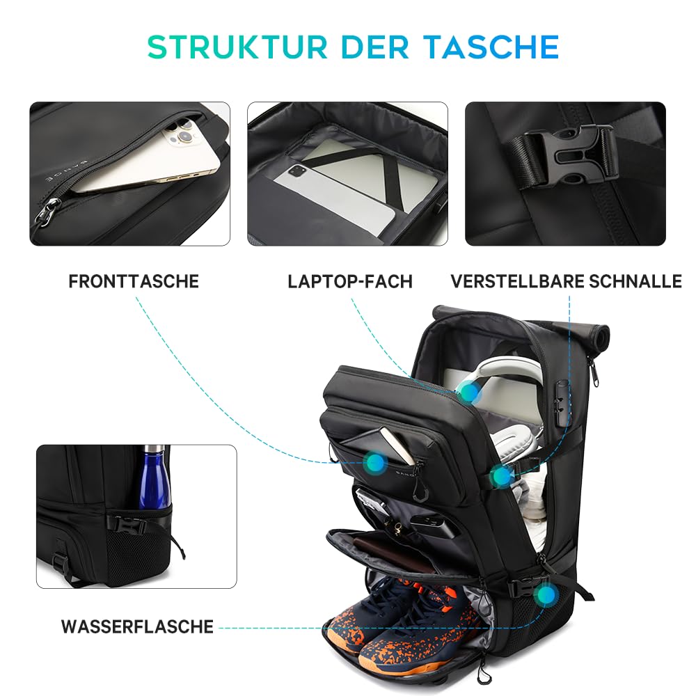 BANGE Anti-Diebstahl-Rucksack, 3-in-1-Handgepäck-Rucksack mit abnehmbarer Schultertasche und Schuhfach, wasserabweisend, für Business, Übernachtung, Reiserucksäcke für Damen und Herren, Schwarz, L