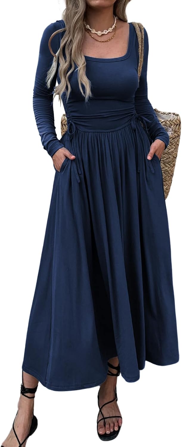 Women’s Long Sleeve Square Neck Maxi Dress Adjustable Waist Tie Casual Flowy A-Line...