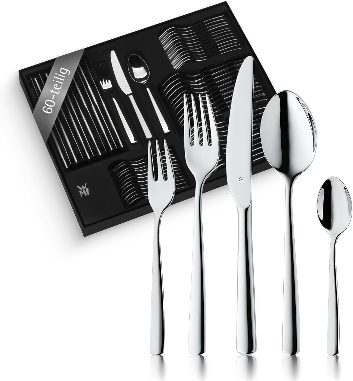 WMF Boston Besteck Set 60-teilig für 12 Personen Essbesteck, Spülmaschinenfest, Edelstahl, Poliert und rostfrei, Monobloc-Messer mit langlebiger Schärfe, elegantes Essbesteck für Alltag und Gäste