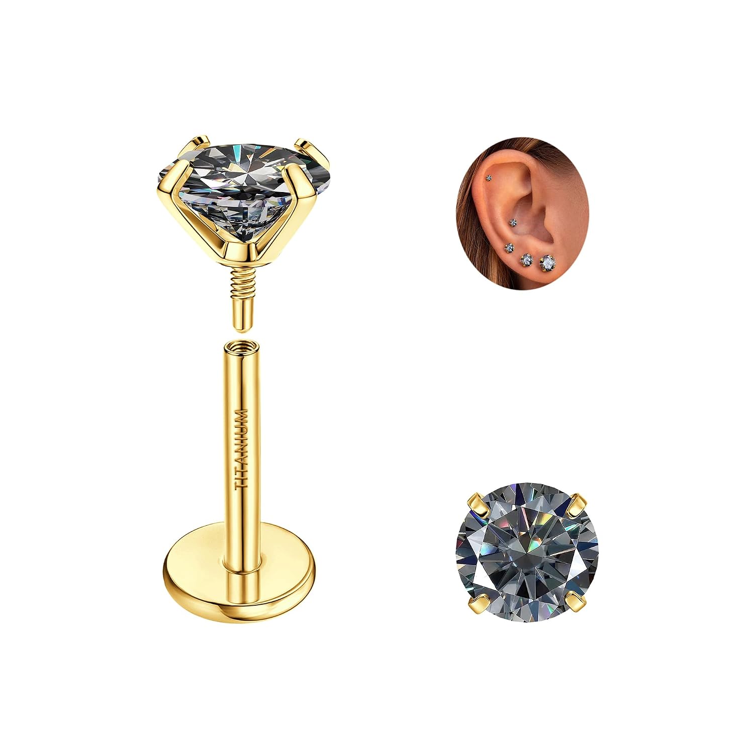 GEMQUEEN Moissanite Earrings G23 Titanium Extended Internal Thread Flat Back Earrings Hypoallergenic Tragus Cartilage Helix Conch Piercing Jewelry for Women Men 18G 6/8mm Post... - Image 9