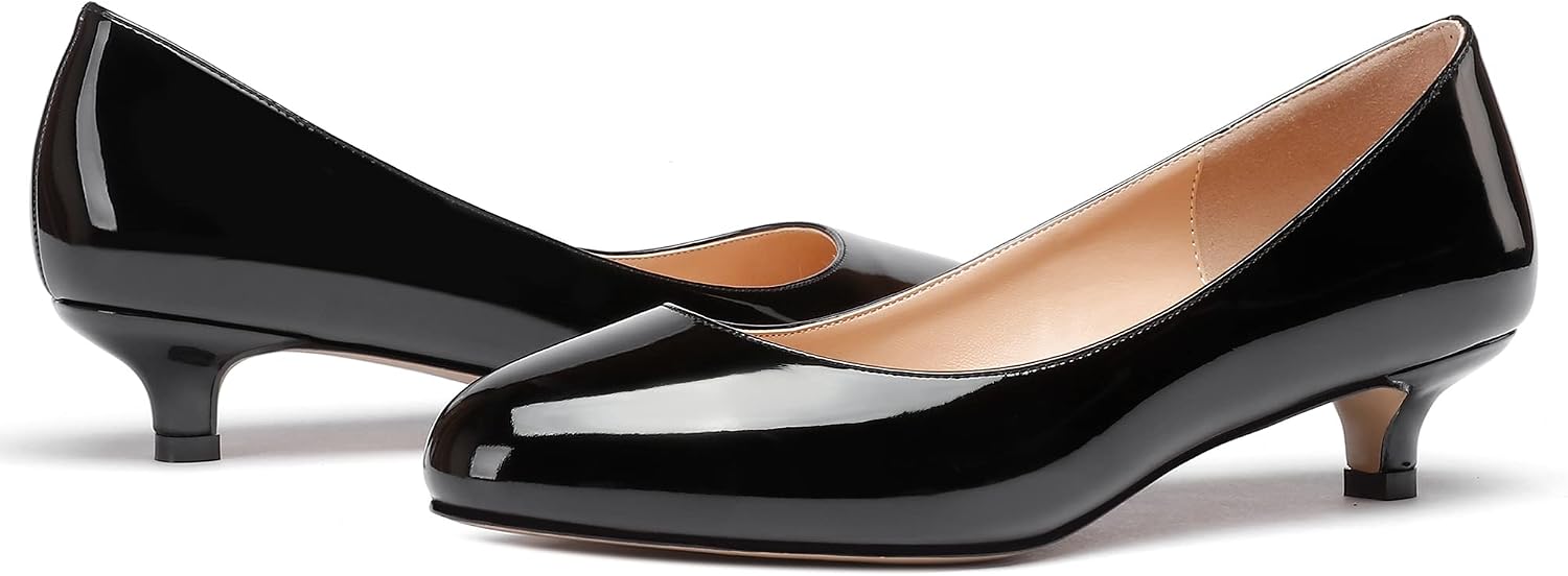 WAYDERNS Women's Patent Round Toe Slip On Low Kitten Heel Pumps Offress Work Dress Shoes 1.5 Inch