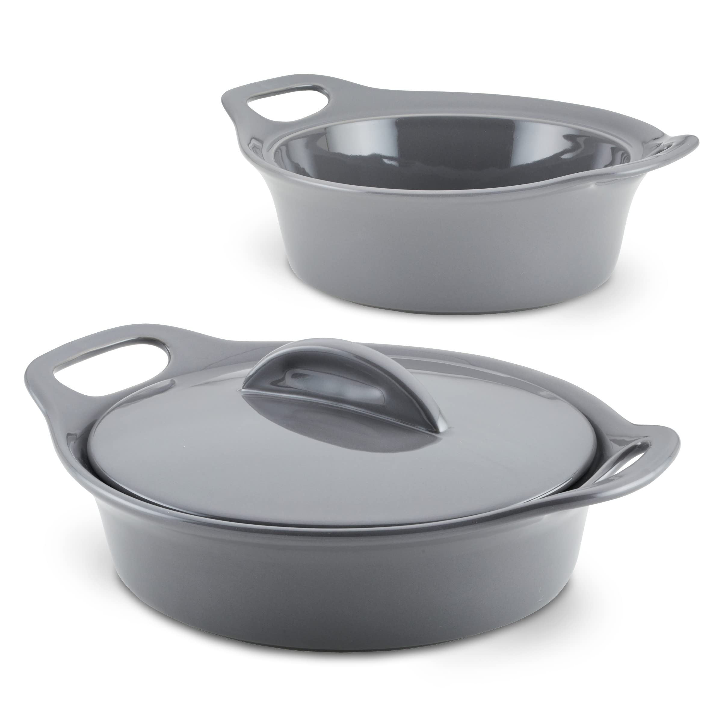 Rachael Ray Solid Glazed Ceramics Casserole Bakeware/Baker Set with Shared Lid, 3 Piece, Dark Gray
