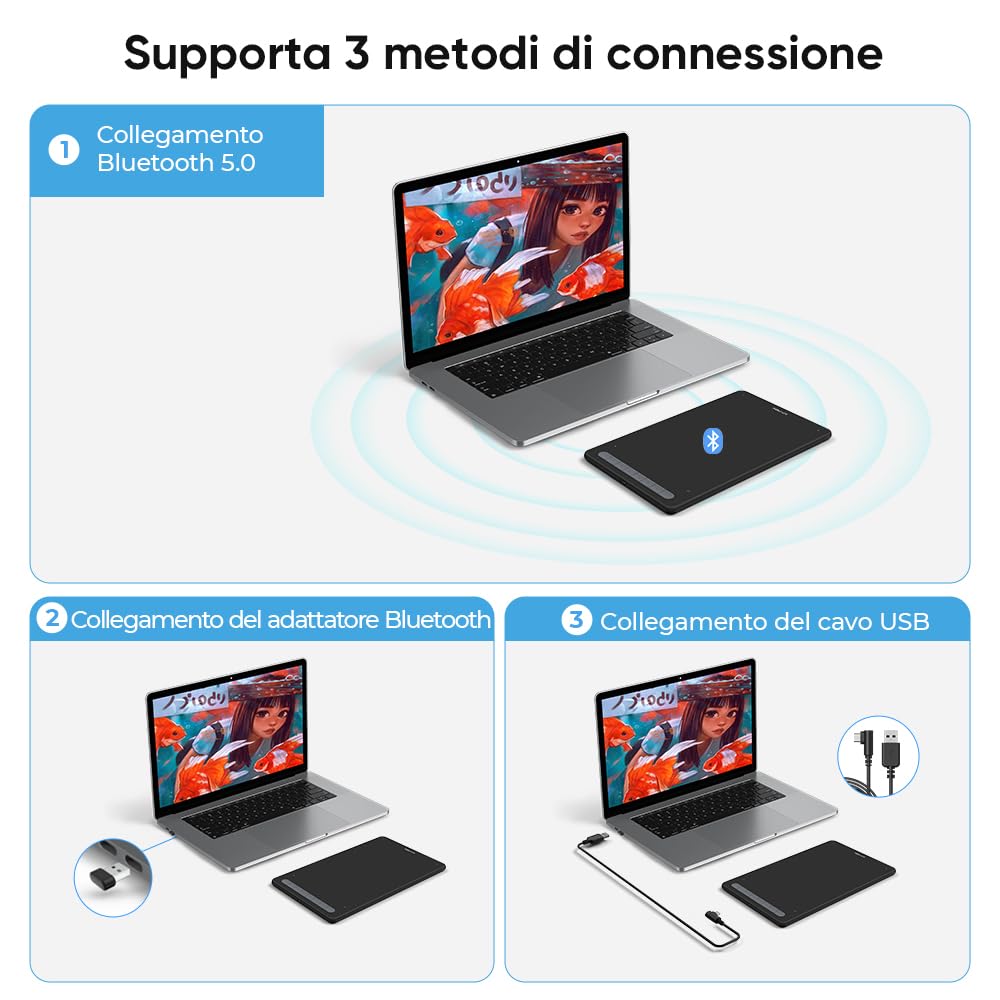 XP-PEN Deco MW Tavoletta grafica Bluetooth 8" x 5" con stilo X3 Elite per dipingere, fare schizzi, imparare a distanza e lavorare da casa, Supporto Windows Mac Linux Android (Nero)