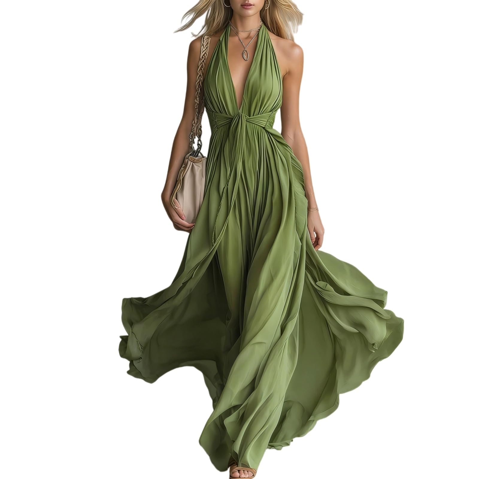 Vestito Donna Elegante Profondo V Collo Maxi Abito Senza Maniche Patchwork Estivo per Festa Serale-Green-s