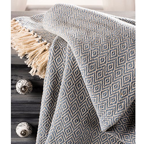 The Indian Arts Comercio Justo Suave Tejido a Mano Colcha sofá o sofás Manta Azul diseño de Diamantes 100% algodón 225 x 250 cm BS10