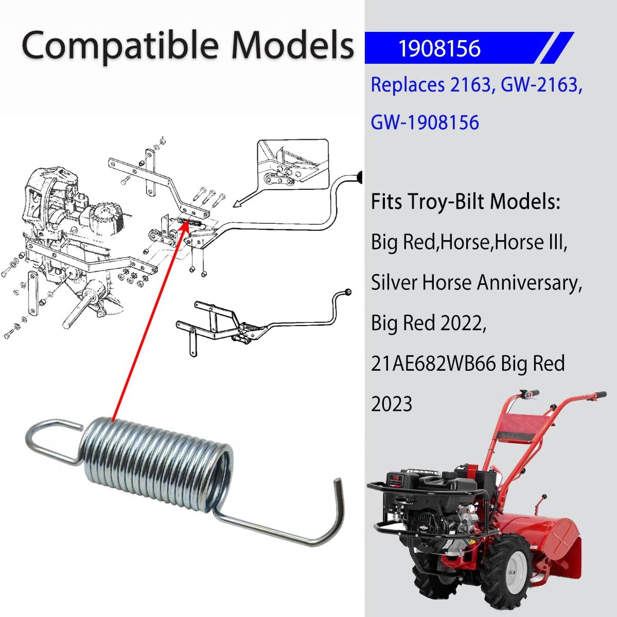 1908156 Extension Spring Compatible with Troy-Bilt Horse Rear-Tine Tiller & MTD Pruner - Replaces 2163, GW-2163, GW-1908156