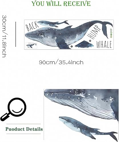 Miniatura 3 de sacinora - Calcomanías de pared de ballena jorobada, calcomanías de pared de animales marinos azules extraíbles, vinilo extraíble para sala de