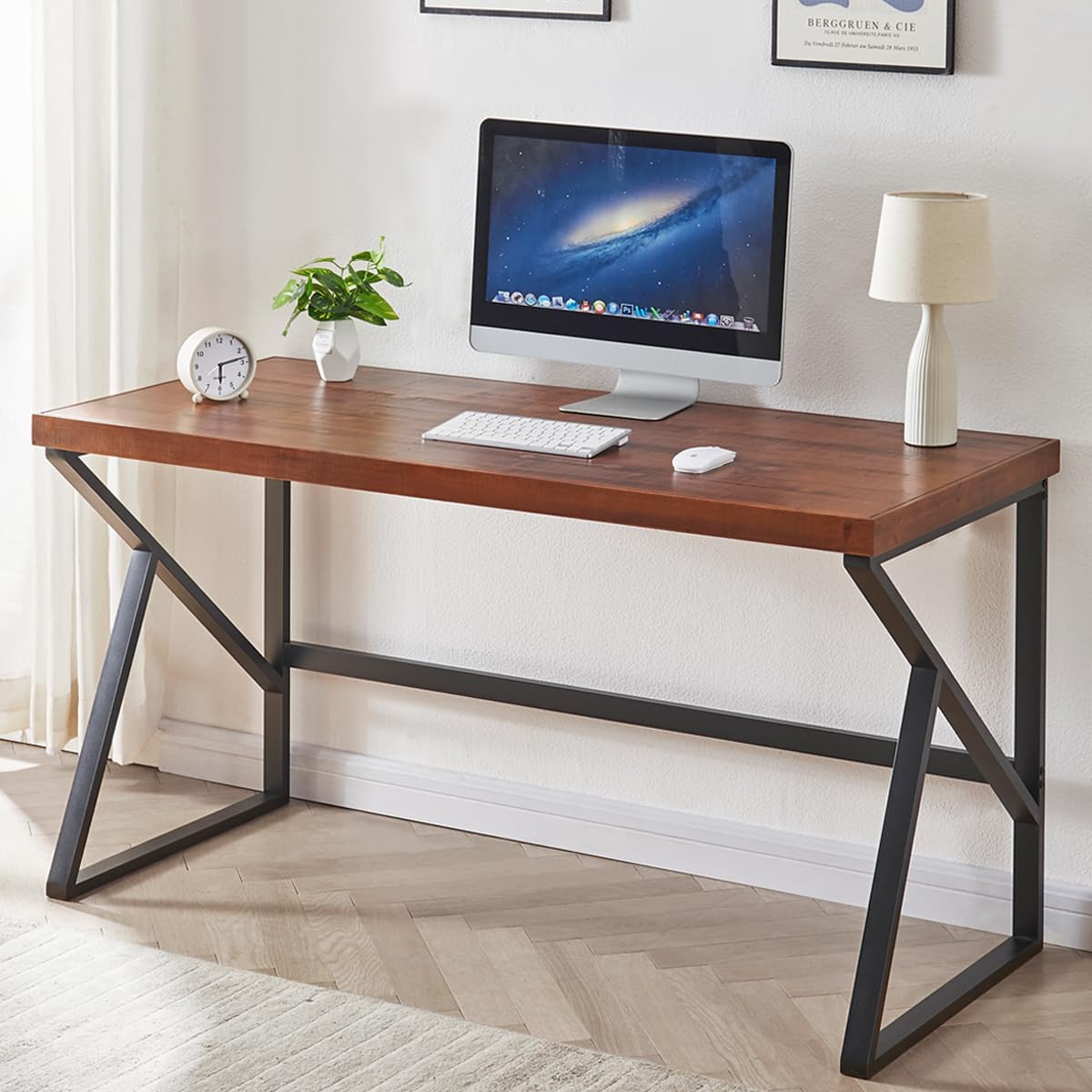 IBF Natural Real Wood Computer Desk, Rustic Writing Study Table for Student, Solid Wooden and Metal Gaming Home Office Desk, Farmhouse Industrial Modern Executive Work Desk Workstation, Brown, 55 Inch