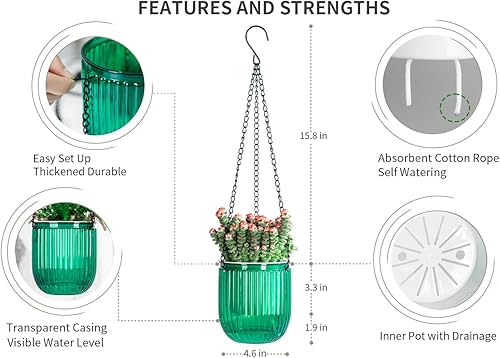 Miniatura 5 de Macetas colgantes de riego automático de 4.5 pulgadas, 3 piezas, macetas colgantes para plantas de interior, agujeros de drenaje, macetas colgantes