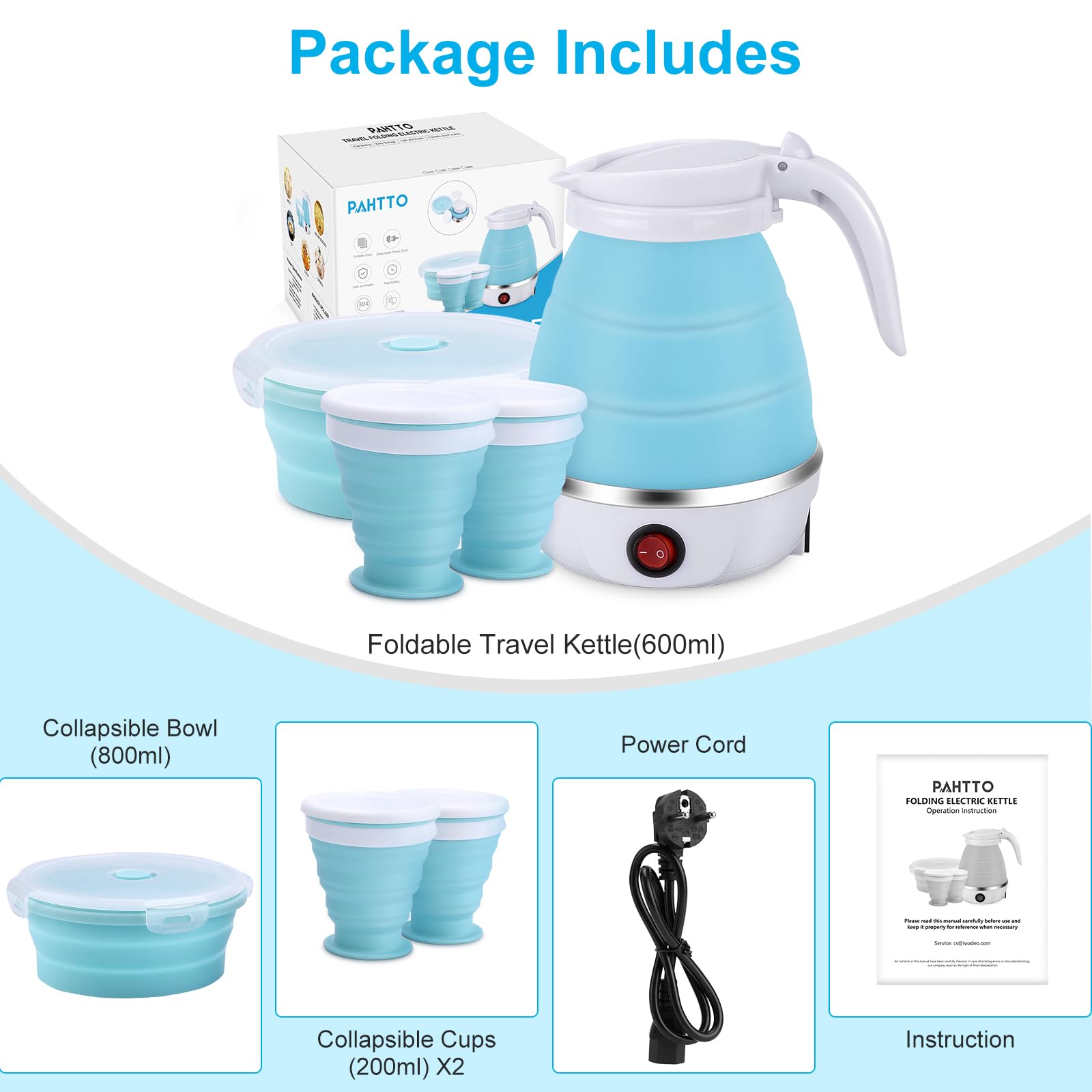 PAHTTO Bollitore elettrico da 600 ml con tazza e ciotola, bollitore portatile da viaggio, funzione di ebollizione rapida, senza BPA, 220 V, 600 W, per campeggio, viaggi, vacanze, ufficio, hotel