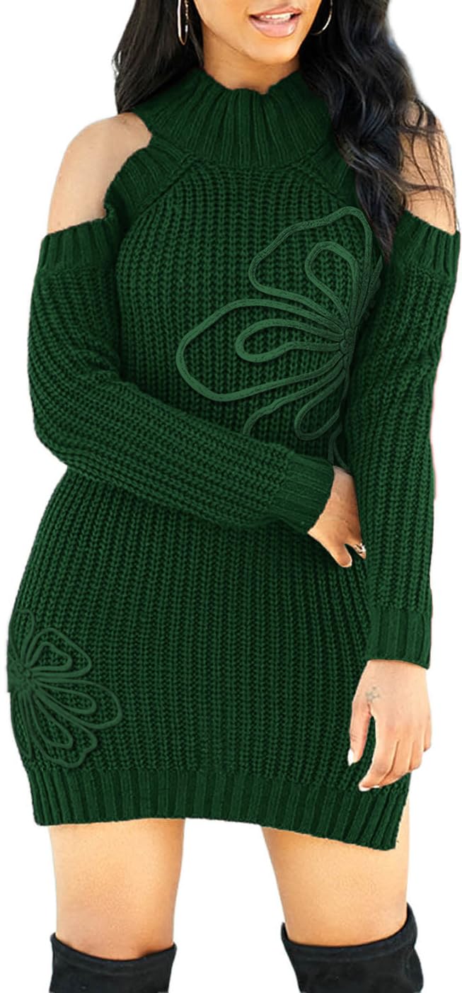 SxClub Women's Winter Sweater Dresses Sexy Cold Shoulder Pullover Dress