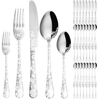XIAOYU 40 Piece Peony Blossom Cutlery Set Stainless Steel Cutlery Set for 8 People Knives Forks Spoons Utensils for Kitchen Silver