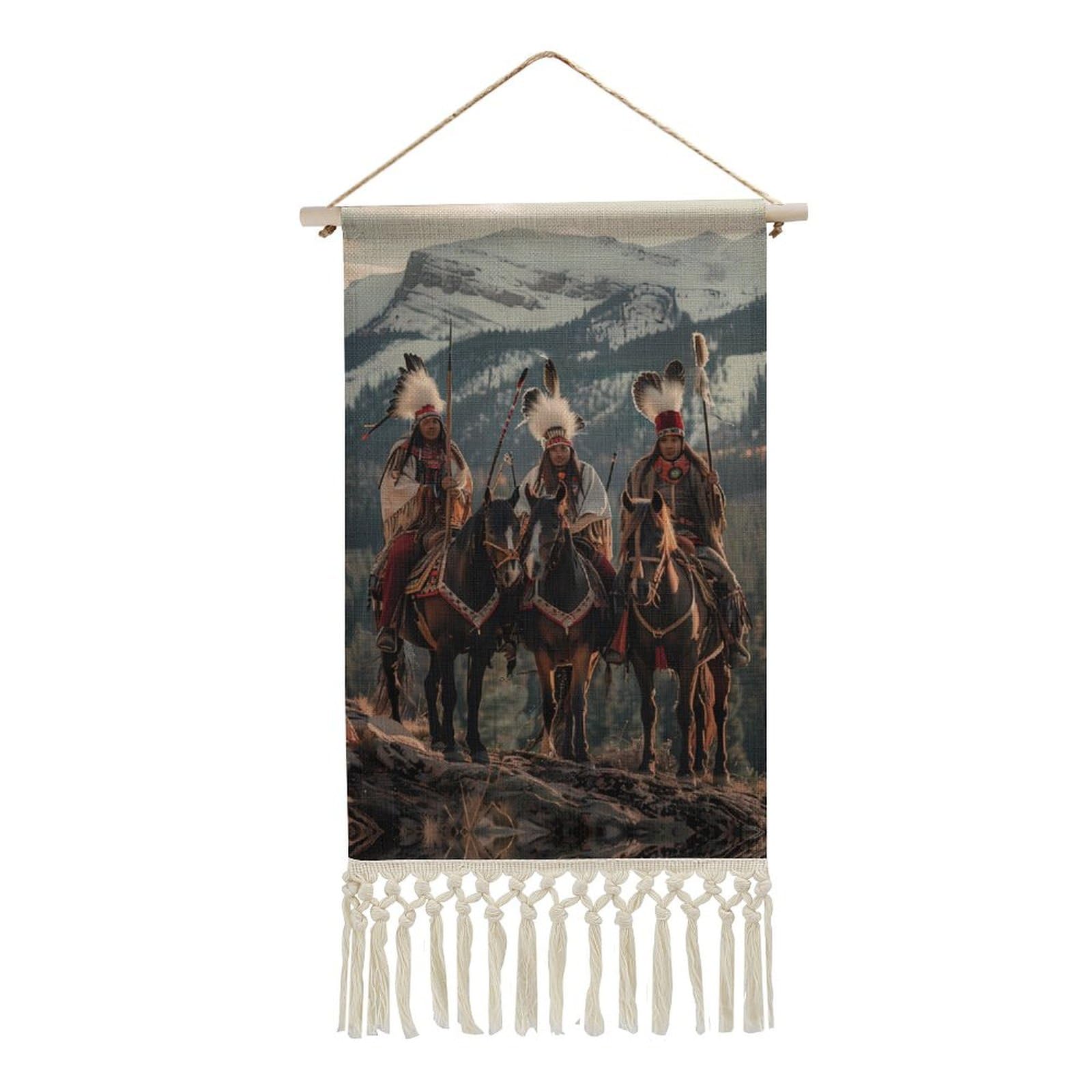 Dian Warrior Native American Feathered Chief Cotton And Linen Hanging Posters Personalized Wall Artwork Painting with Tassel for Home Decor