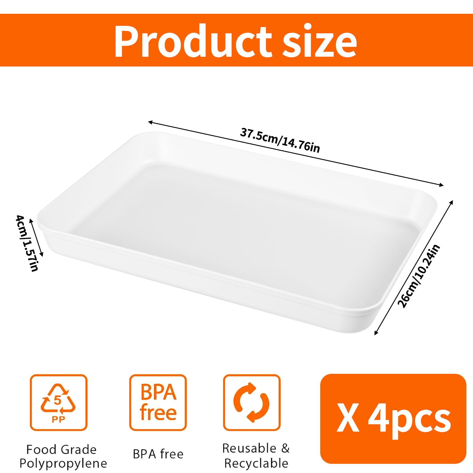 4 Pz Vassoio da Portata, Vassoi per Alimenti, Piatto da Portata, Vassoio Rettangolare in Plastica Bianca per piatti da cucina, colazione, snack e caffè (38 x 26,5 x 4 cm)