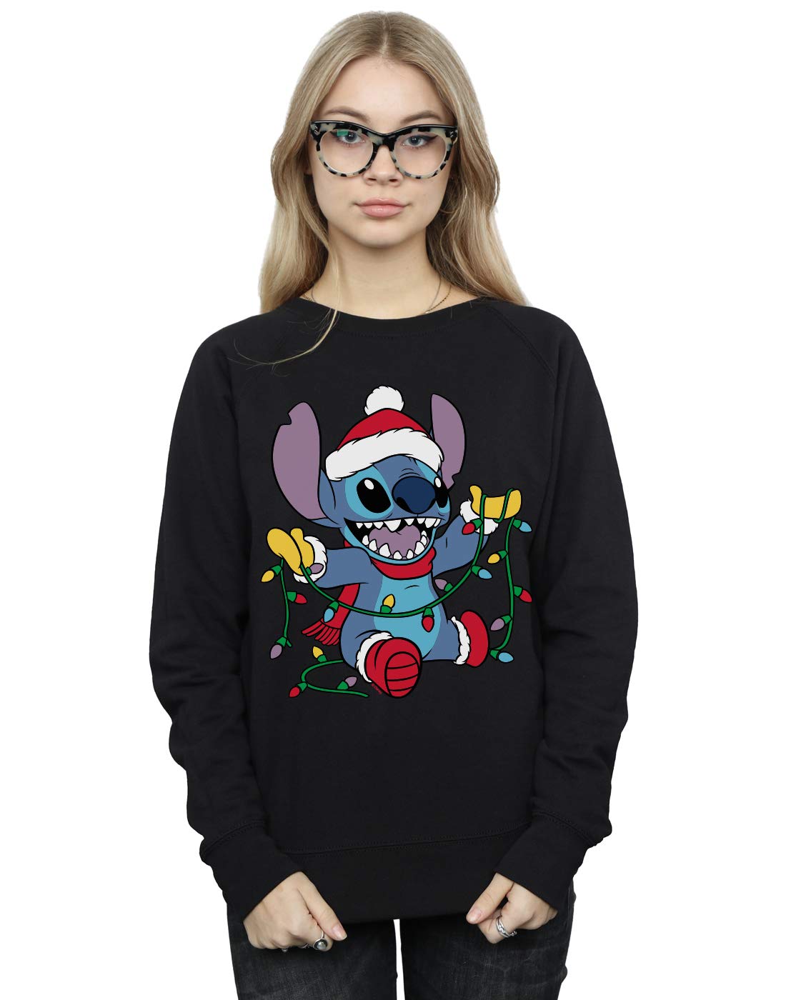 Absolute Cult Women's Black Disney Lilo And Stitch Christmas Lights Sweatshirt XX-Large