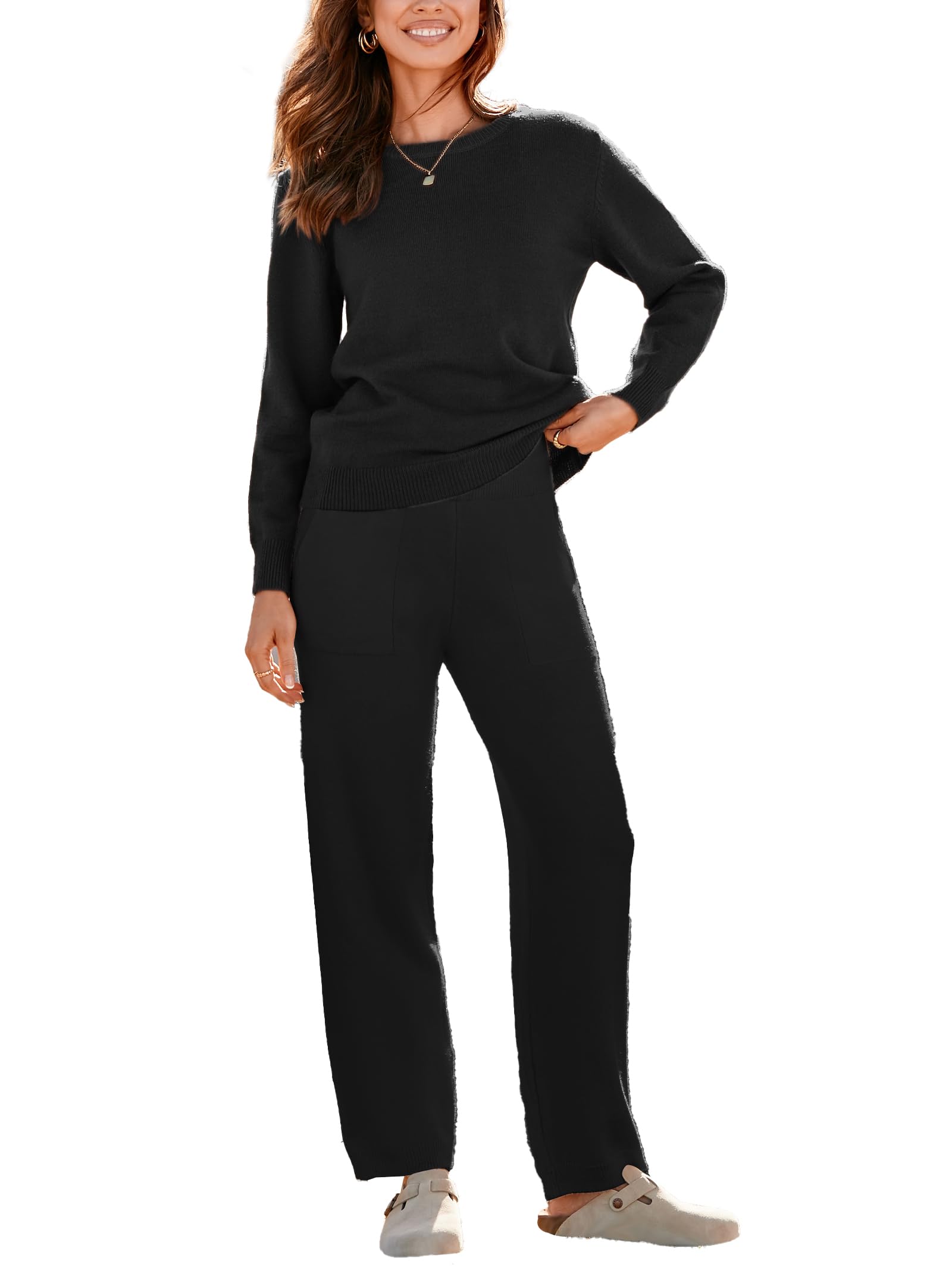 Famulily Womens Tracksuit Knitted Outfits Crew Neck Pullover Top and High  Waist Wide Leg Jogger Pants Loungewear Sets S-XL