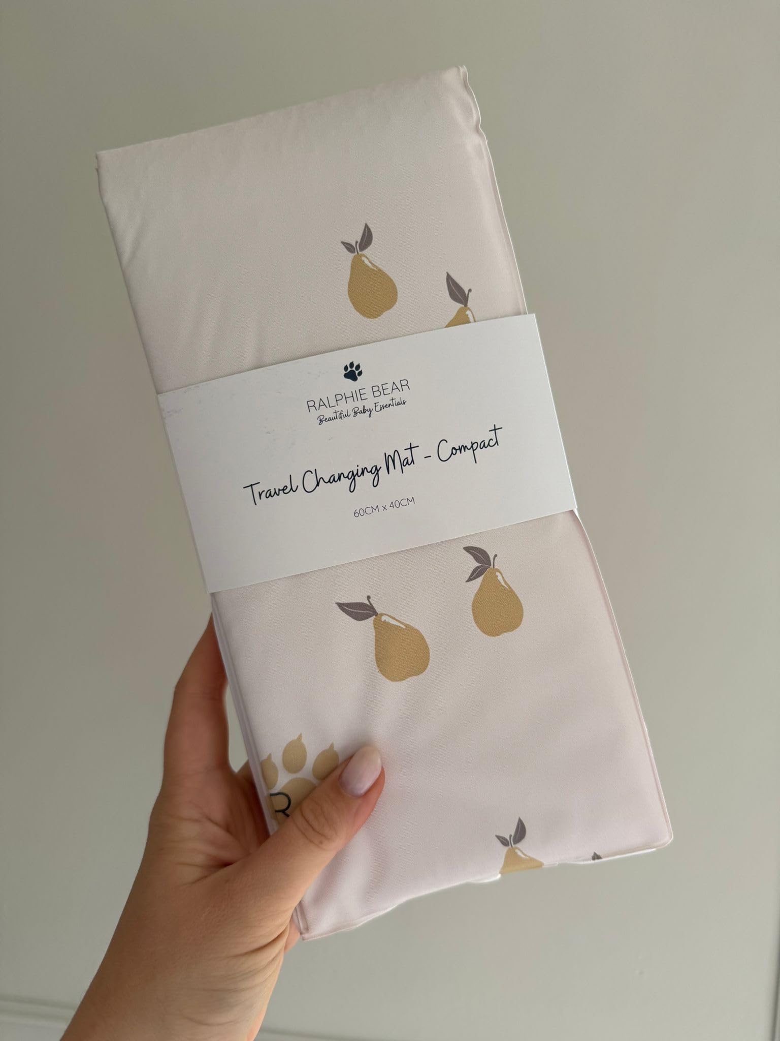 Ralphie Bear Baby Compact Travel Changing Mat, Portable, Folded and Fastened with Popper, Padded for Comfort, Pears Fruit Neutral Print, 60x40cm Laid Flat. Folded Size Approx 29x13cm.
