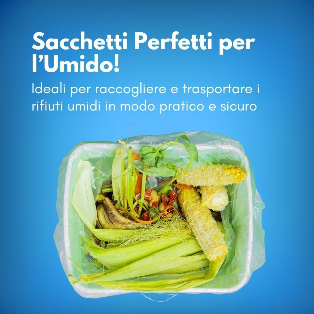 GM – 480 Buste Shopper Bio Verdi 22×50 cm con Manico, 12 Rotoli Compostabili Resistenti per Ortofrutta, Spesa e Raccolta Umido, Sacchetti Idonei al Contatto Alimentare