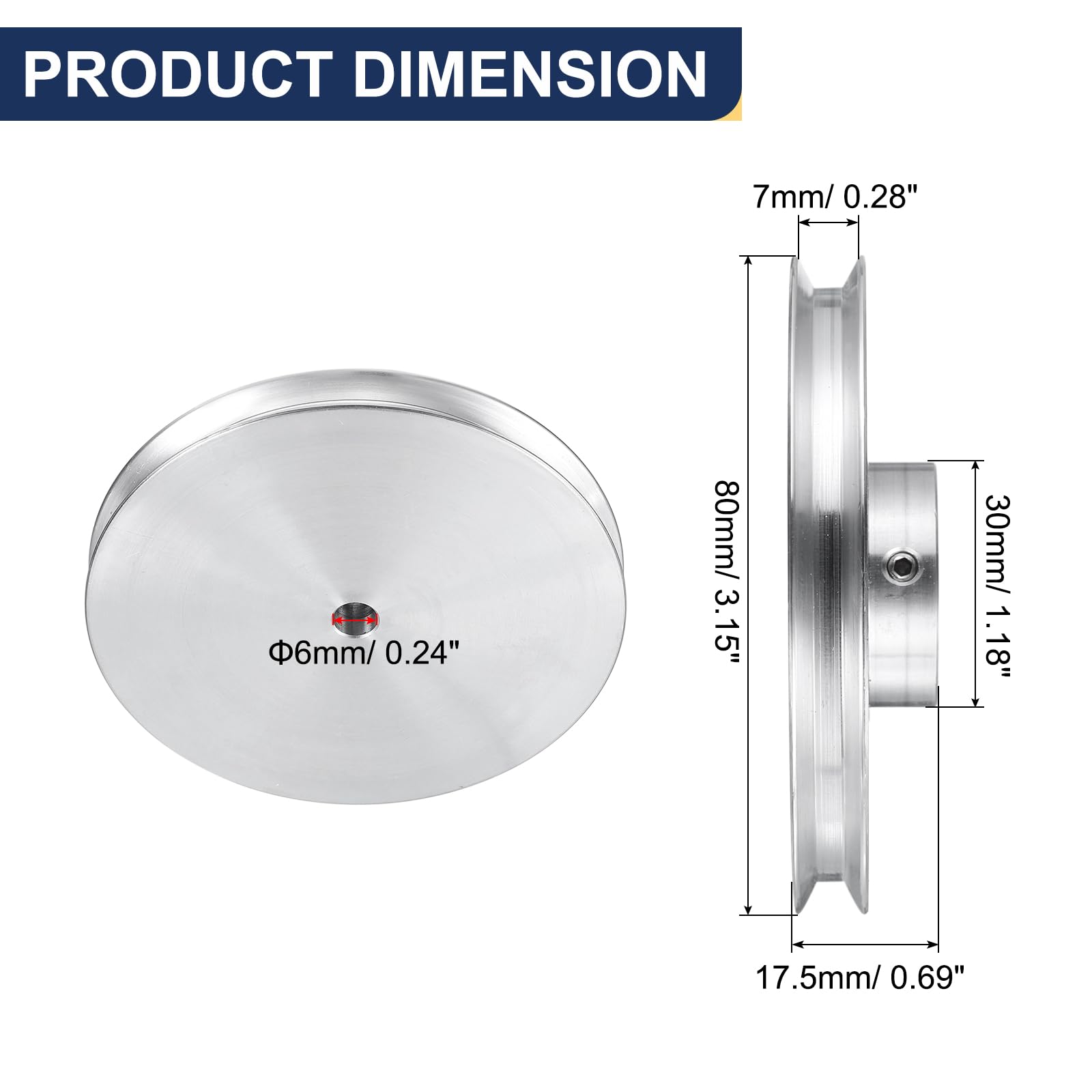 QUARKZMAN V-Typ Riemenscheibe 6mm Bohrung 80mm Außendurchmesser Doppelrillen Aluminiumlegierung Keilriemenscheibe für Motorwellen-Bohrmaschine 6mm(1/4") PU-Formgürtel