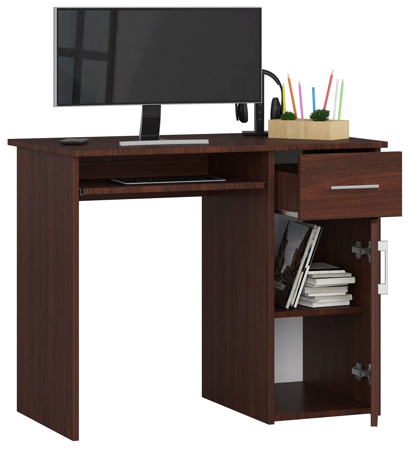 AKORD PC-Schreibtisch PIN mit Tastaturablage | Schreibtisch Klein mit Schubladen | Computertisch | Bürotisch 1 Schublade, 1 Ablagefach mit Tür, B90 x H74 x T50 cm, 29 kg | Wenge