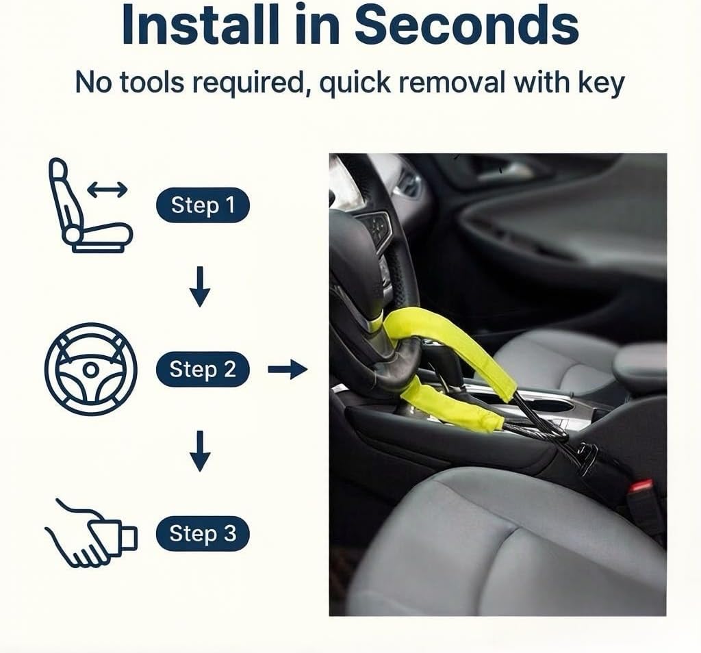 Car Steering Wheel Lock, high-Security Yellow Anti-Theft Lock, Reinforced Steel, Cut-Resistant Design, Easy to Install, Universal car Safety Protection