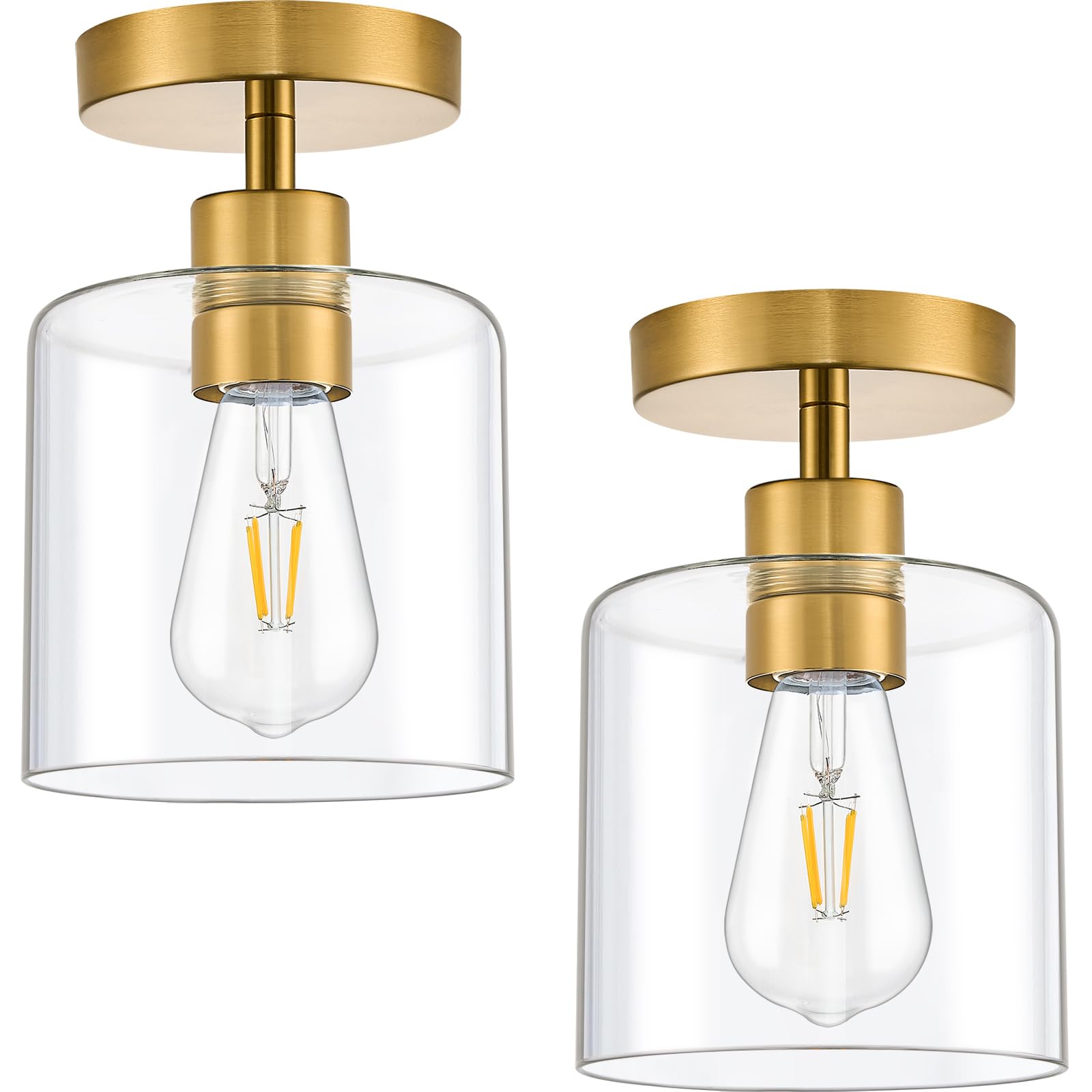 WOKNOS Industrial 2 Pack Clear Glass Semi Flush Mount Ceiling Lights,E27 Gold Metal Base Ceiling Lamp,Light Fittings Ceilings for Kitchen,Hallway,Bedroom,Living Room,Landing,Porch