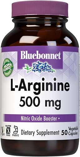 Bluebonnet Nutrición L-Arginina 500 mg, aminoácido de forma libre, precursor de óxido nítrico, sin soja, sin gluten, sin OMG, certificado Kosher, 50