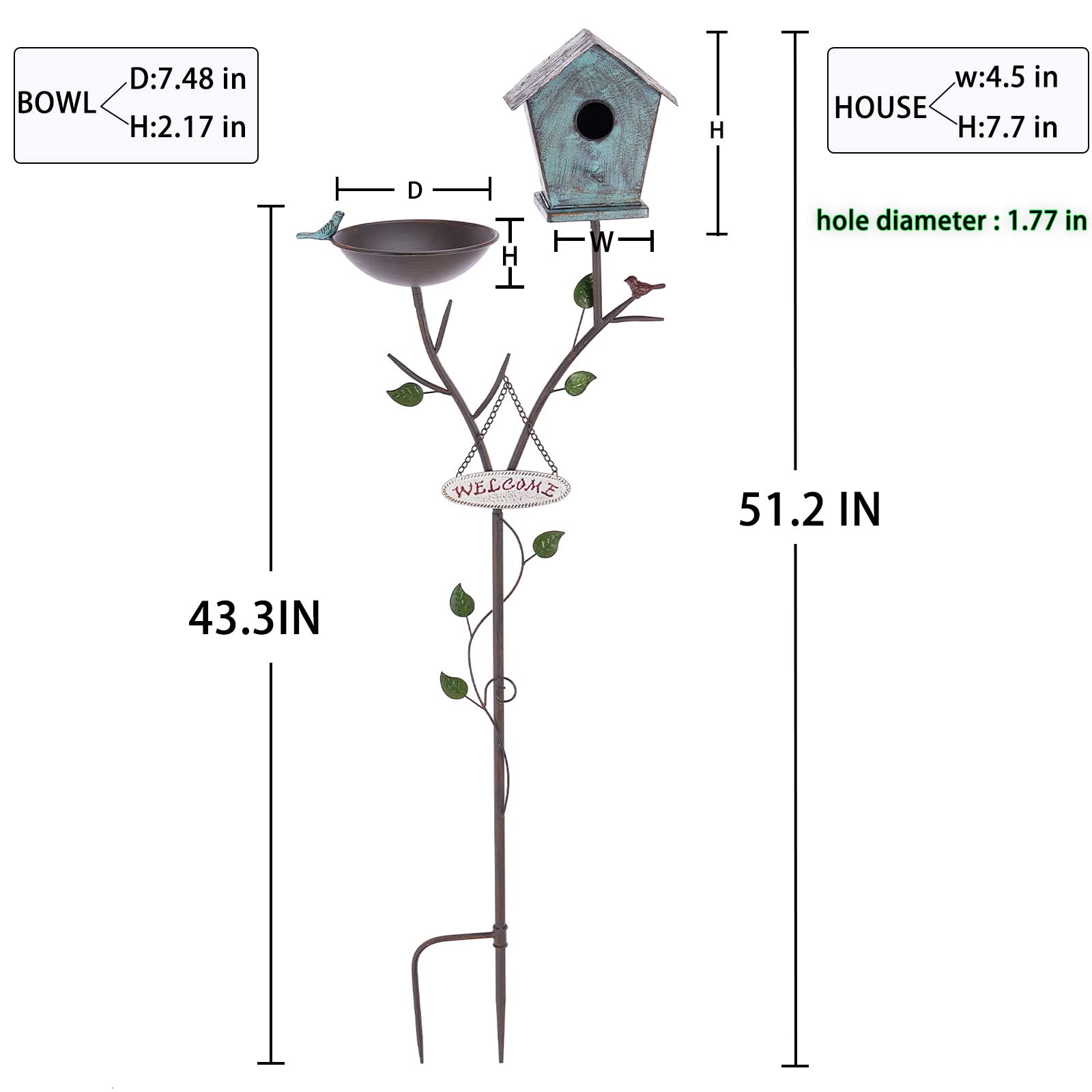 SMQLJXC Vogeltränke Mit Vogelhaus An Stange – Metall, Used-Look, 130 Cm Hoch, Für Garten & Terrasse