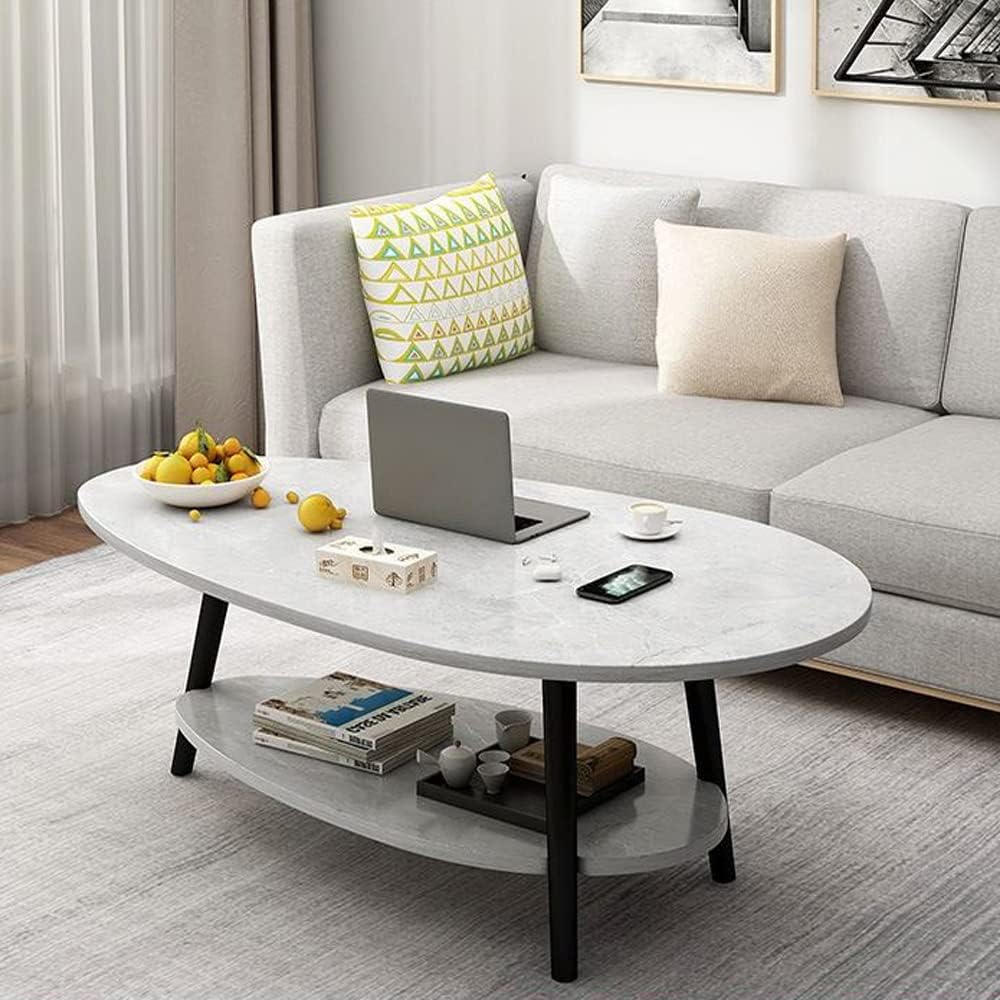 DUSALA Coffee Table-Oval Wood Coffee Table with Open Shelving for Storage and Display 2 Tier Sofa Table, Small Modern Furniture for Living Room&Home (Marble Black) (Marble Grey)